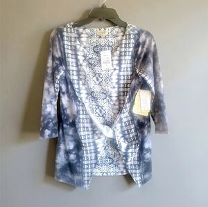 OneWorld Handcrafted Line Navy Ivory Tie Dye Twist Front Knit Top NWT Size S